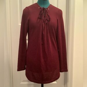 Women's Maroon Burgundy Long Sleeve Lace Up V-Neck Blouse Size Small